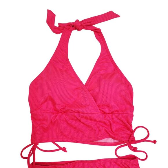 Hot Pink Womens Ribbed Halter High-Waisted Bikini Set Adjustable Ties Size M - Picture 4 of 5
